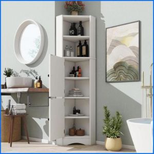 Meuble de salle de bain en coin MDF - 2 portes + 2 rayons ouverts + &eacute;tag&egrave;res ajustables - Blanc