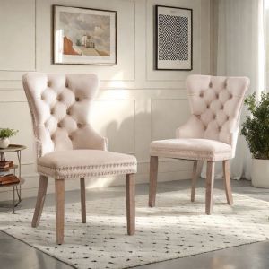 Lot de 2 chaises de salle &agrave; manger en velours avec clous en osier chaise beige de bureau style scandinave pour salon chambre