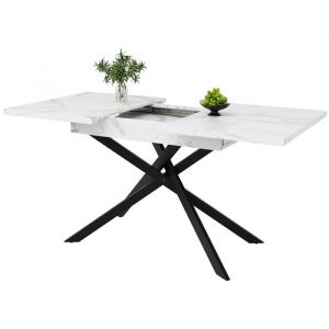 Table &agrave; Manger Extensible Plateau MDF Blanc Marbr&eacute; et Pieds M&eacute;talliques Crois&eacute;s Style &Eacute;l&eacute;gant 160 x 80 x 765 cm &ndash; Blanc