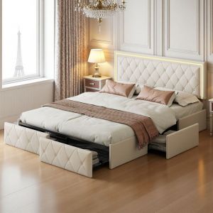 Lit Adulte 160x200 cm Lit Coffre avec 4 Tiroirs Lit Double Tête de  LED RGB Réglable en Simili-Cuir Blanc，Style moderne luxueux