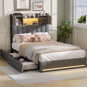 Lit capitonn&eacute; 90x200 cm Lit simple 90 x 200 cm en lin gris T&ecirc;te de lit avec rangement et 2 tiroirs Lit coffre 90x200 cm Sommier