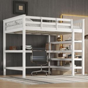 Lit Mezzanine 140x200 cm Lit Enfant Adulte avec Rangement et Bureau Sous le Lit Lit 1 Personne avec Barri&egrave;res De S&eacute;curit&eacute; Blanc
