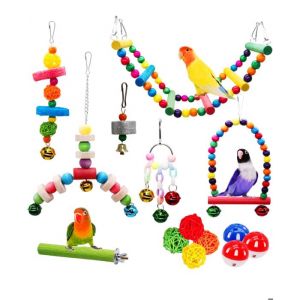 Lot de 14 Jouets pour Oiseaux - Balançoire Perchoirs Échelle Cloches et Plus  pour Perruche et Perroquet