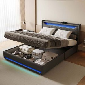 Lit coffre 140 x 200 cm  -  lit hydraulique avec ports USB et LED - Sommier &agrave; lattes - Style scandinave - en lin - Gris