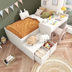 Lit combiné 90x200 cm lit simple en bois massif avec bureau et tiroirs lit de rangement avec sommier à lattes Blanc