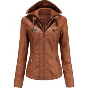 Blouson Femme Simili Cuir à Capuche Amovible INSFITY - Camel