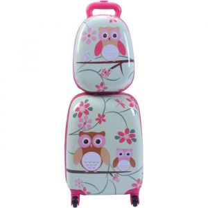 GOPLUS Valise Enfant à Roulettes 16”+Sac à Dos12”Hauteur de Poignée RéglableSurface Etanche Motifs Chouette pour Garçon/Fille