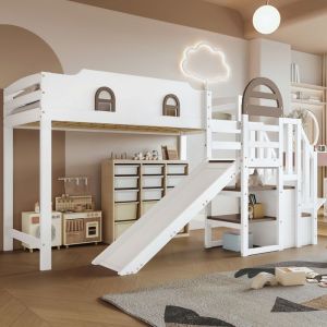 Lit Mezzanine 90x200 cm - Lit Simple enfant avec Toboggan Escalier Armoire et Étagère de Rangement - Pin et MDF - Blanc et Marron