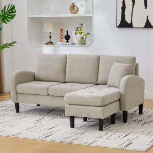 Canap&eacute; dangle L 3 places avec chaise longue velours c&ocirc;tel&eacute; pieds en plastique design modulaire  166x118x77cm Beige