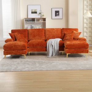 Canap&eacute; dangle 4 places en chenille orange - U avec repose-pieds inclinables - Design moderne pour salon s&eacute;jour bureau