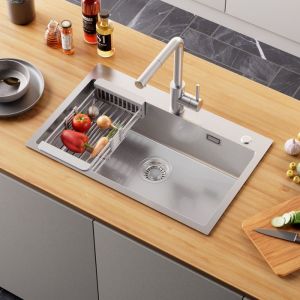 Évier de Cuisine en Inox 70x45CM - Évier 1 Bac avec Panier égouttoir réglable - pour Armoire de 80 cm