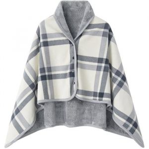 Femme Poncho Polaire Plaid Ch&acirc;le Polaire Cape Chaud dhiver avec Boutons Couverture &agrave; Carreaux pour Le Bureau et Sieste Blanc