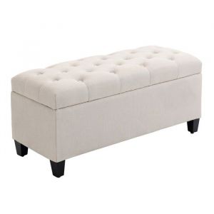Banc Coffre Rembourr&eacute; Rangement Aspect Lin Bois Dh&eacute;v&eacute;a 100x40x44cm Blanc Cr&egrave;me - Design Pratique Pour Entr&eacute;e Et Chambre
