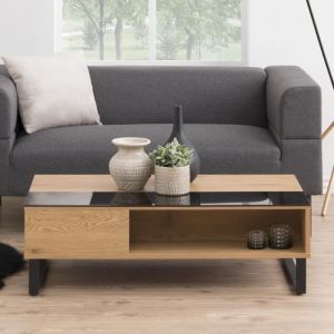 Table basse /Table de salon - KOSTRENA - 110x60 cm - chêne / noir - style contemporain - plateau relevable - élément en verre