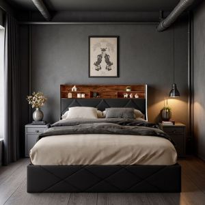 Lit Double 160x200 cm avec Rangement Hydraulique LED RGB3 Ports de Charge Simili-Cuir noir Design Intelligent