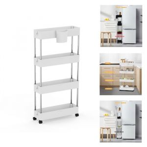 Blanc Etagère étroite à 4 niveaux pour cuisine salon chambre et salle de bain Desserte mobile roulante Meuble Chariot