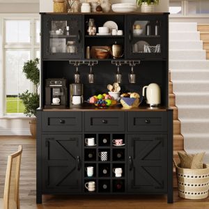 Armoire de Cuisine Noir 170 cm avec LED et Prises 4 Portes 3 Tiroirs Buffet Haut - Style Rustique - 120x40x170 cm