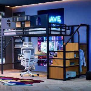 Lit Mezzanine en M&eacute;tal 140x200 cm avec &Eacute;chelle de Rangement Fen&ecirc;tre Barreaux de S&eacute;curit&eacute; Espace de Rangement Noir Sans