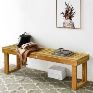 COSTWAY Banc de Jardin Extérieur en Bois d’Acacia 132 x 34 x 435CM sans Dossier avec Pieds en U Charge Max 360KG Couleur de Teck