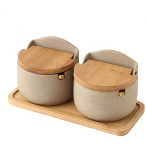 Pot &agrave; sel bocal &agrave; &eacute;pices r&eacute;cipient &agrave; sel 2 pots &agrave; sel en c&eacute;ramique avec couvercle en forme de cuill&egrave;re en bois bo&icirc;te &agrave; &eacute;pices