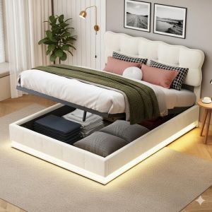 Lit coffre 140x190cm - DREAMMESPACE - Velours Beige - LED - Sommier &agrave; Lattes - 2 places
