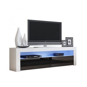 Meuble TV - Savelli - LED - Blanc Mat - Portes Noir Laqué - 157 cm