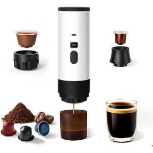 Machine &agrave; caf&eacute; &agrave; capsules portable - 3 en 1 - 15 barres - Petites capsules - 72 W - Caf&eacute; moulu - Rechargeable par USB - Blanc