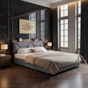 Lit double 160x200 cmLit Adulte coffre style industriel4 grands tiroirs T&ecirc;te de lit inclin&eacute;e Ports Type-C/USB Tissu en lin