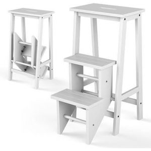 GOPLUS Tabouret Escabeau Pliable 3 Marches Escabeau Marchepied en Bois Massif avec Marches R&eacute;versibles Charge 310KG Blanc