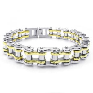 Bracelet Homme Biker Lien Manchette - Acier Inoxydable - Couleur Or Argent
