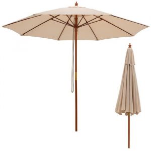 COSTWAY Parasol de Jardin Pliable 29M avec Mécanisme de Poulie à Corde Poteau en Bois 8 Baleines en Fibre de Verre pour Cour Beige