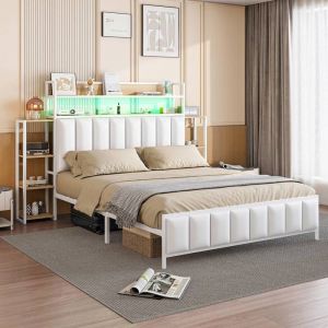 Lit capitonné en blanc 140x200cm tête de lit avec éclairage LED et rangement ouvert cadre de lit en fer massif simili cuir