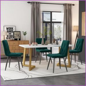 Set de Dining - Table Rectangulaire 117x68cm + 4 Chaises Velours Vert Fonc&eacute; - Pieds Dor&eacute;s Moderne