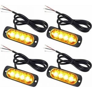 4X Feux de P&eacute;n&eacute;tration &agrave; 4 LEDs 12/24V Gyrophare LED Orange Feux Flash Voyant d&rsquo;Alarme Urgence Strobe Clignotants Auto IPX-4 pour