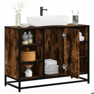 Armoire lavabo de salle de bain - Meuble sous vasque - Meuble de rangement et d&eacute;tag&egrave;re ch&ecirc;ne fum&eacute; bois ding&eacute;nierie - 80x33x60 cm