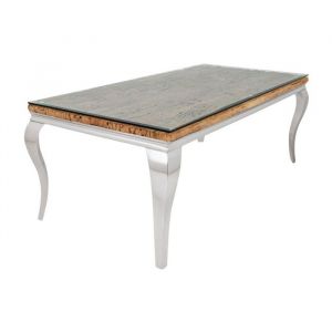 Table de salle &agrave; manger VELENA &ndash; Rectangulaire 200 cm &ndash; Bois de teck verre et acier argent&eacute; &ndash; Style baroque chic