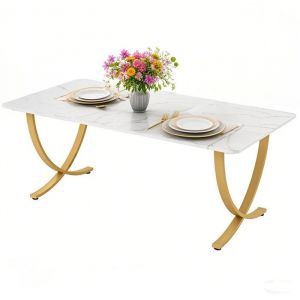 Table &agrave; manger - Table de cuisine - 160 x 80 x 75 cm plateau imitation marbre or + blanc