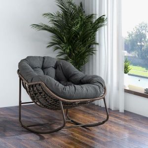 Fauteuil &agrave; bascule XXL - Rotin tress&eacute; - Coussin &eacute;pais - Structure en acier - R&eacute;sistant aux intemp&eacute;ries
