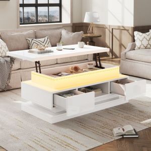 Table Basse Relevable 100cm -AMBIANCE - Blanc Brillant - Plateau Ajustable & LED - 2 Tiroirs + Coffre Cach&eacute; - Table de Salon Moderne