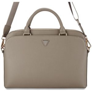 Guess Sacoche pour ordinateur portable 15 avec poche zippée grainée et logo triangulaire (marron)