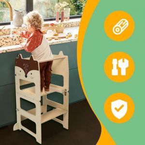 SUPFINE Tabouret b&eacute;b&eacute; motif renard avec planche &agrave; dessin - Tour dapprentissage pour Enfants - &agrave; partir de 1 an - 41*38*92cm