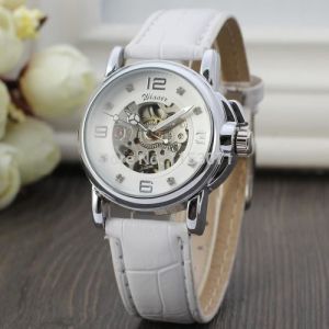 Montre Femme Montre Bracelet En Cuir Automatique Squelette Casual Cristal Montre Bracelet Couleur Blanc Avec BoîTe Cadeau