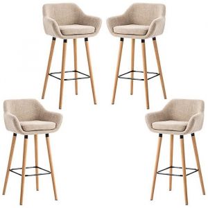 YINQ 4 Pcs Tabouret de bar en Lin - Beige - Pieds en Bois de hêtre - Repose-pied en Métal