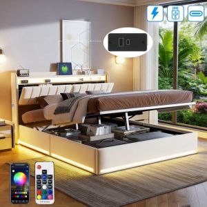 Lit rembourr&eacute; 160x200 avec Sommier LED et USB Lit Coffre avec Hydraulique et T&ecirc;te de Lit Rangement de chevet 2 Personne Velours