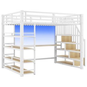 Lit mezzanine m&eacute;tal 140x200 blanc avec escalier bureau rangements station USB et &eacute;clairage LED fonctionnel Sans Matelas
