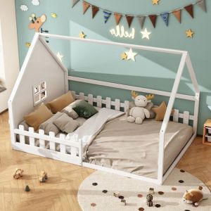 Lit enfant lit cabane 140x200 cm avec sommier à lattes lit enfant avec barrières de sécurité lit 2 personnes blanc