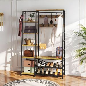 Balconera Porte-Manteau Industriel Entr&eacute;e - Rangement Chaussures 9 Crochets 5 &Eacute;tag&egrave;res Couloir Salon Marron Rustique