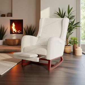 Fauteuil à Bascule Rocking Chair Accoudoir avec Poche Pieds en Bois Massif avec Repose-Pieds Extensible Lin Beige