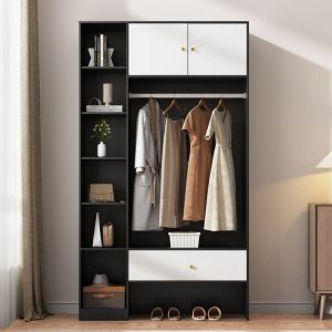 Vestiaire Entr&eacute;e Compact 105x40x185 cm Armoire Polyvalente 2 Portes 6 Niches Ouvertes Barre Penderie Tiroir Rangement - Noir Blanc