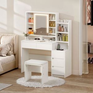 YITAHOME Coiffeuse avec Tabouret Commode avec Lumière LED Miroir 5 Tiroirs Étagère Ouverte Blanc 110 x 40 x 140 cm